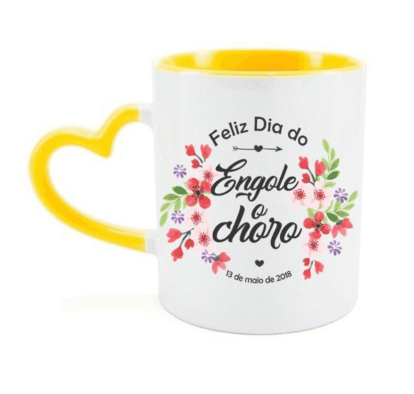 Caneca Cerâmica Branca Alça Coração Borda Colorida