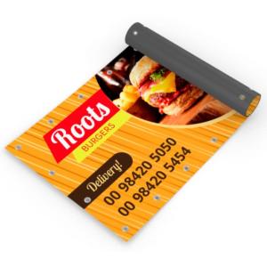 BANNER ACABAMENTO EM ILHOS   BRILHO Lona 380g  4x0 Brilho Madeira e cordinha 