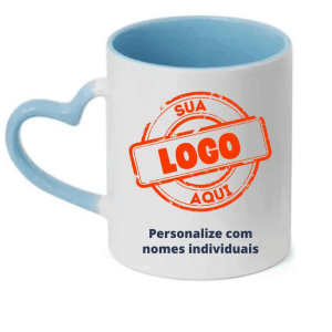 Caneca Cerâmica Branca Alça Coração Borda Colorida Cerâmica 325ML Azul Claro   