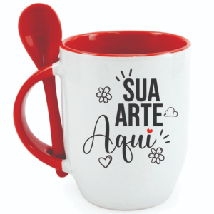 Caneca Cerâmica Branca Com Colher Alça E Interno Colorido Cerâmica 325ML Vermelho   