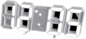 Relógio Digital LED 3D Despertador Termômetro Moderno Mesa ou Parede Plástico  Branco ABS injetado de alta resistência.  A bateria que acompanha o produto é somente para manter a memória do relógio em caso de queda de energia. Ele precisa estar conectado a energia pelo cabo USB que acompanha o produto.